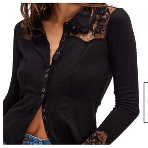 Free People Black Button-Up Shirt with Lace Details